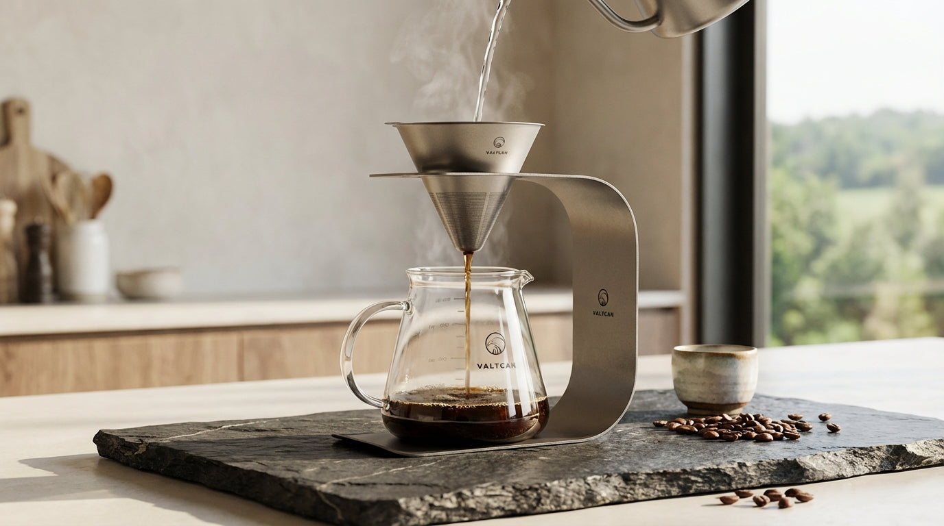 Valtcan Titanium Pour Over Coffee Set - Your Last Paper Filter Was Yesterday. 10,000+ laser-cut slots · Borosilicate glass carafe · Brews coffee & tea