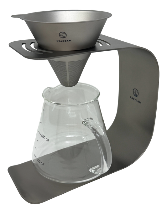 Valtcan Titanium Pour Over Coffee Set - Your Last Paper Filter Was Yesterday. 10,000+ laser-cut slots · Borosilicate glass carafe · Brews coffee & tea