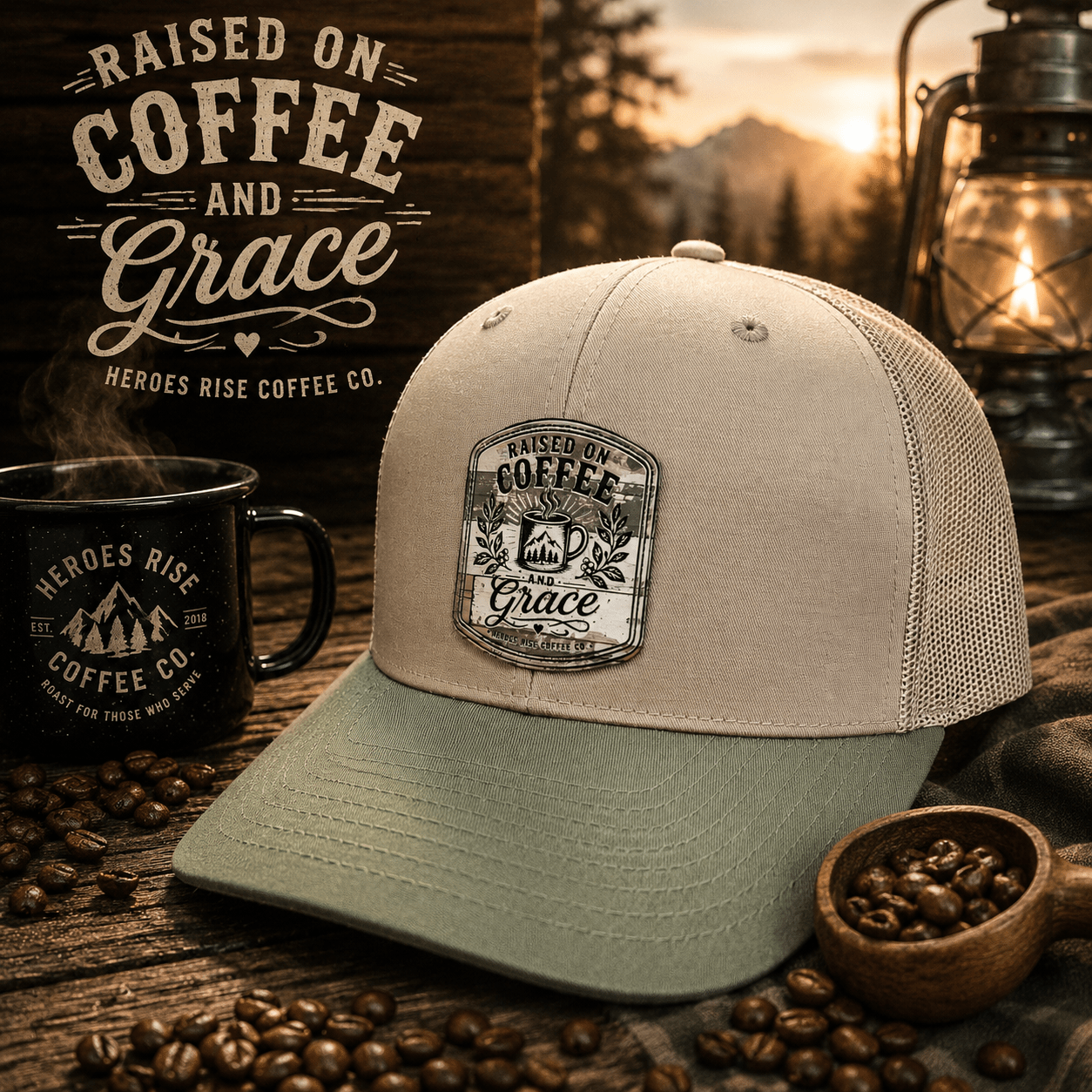 Raised on Coffee and Grace Hat - Heroes Rise Coffee Company