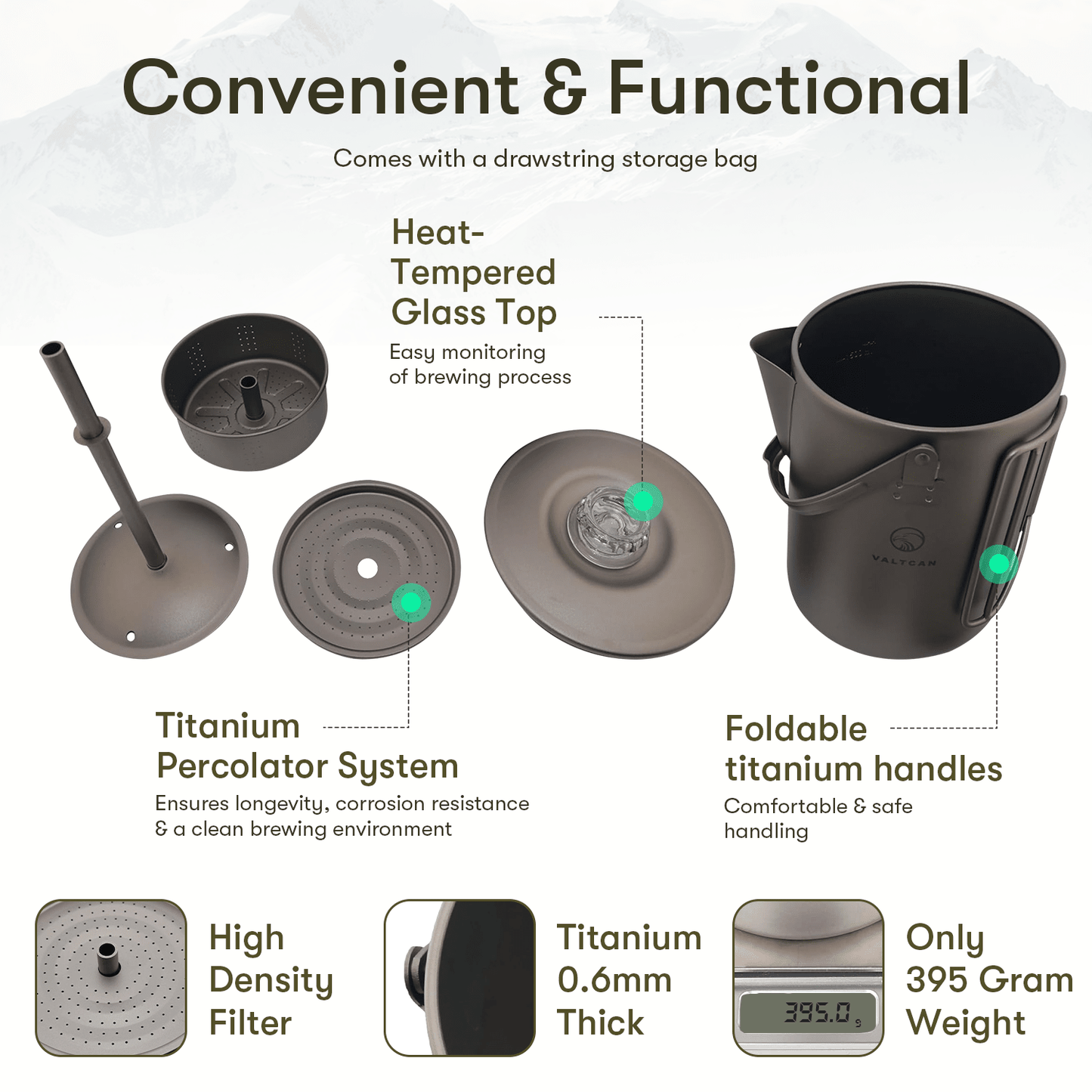 Titanium Coffee Percolator Taste Coffee, Not Metal · 1.5L · 6 Cups · 395g Ultralight - Heroes Rise Coffee Company