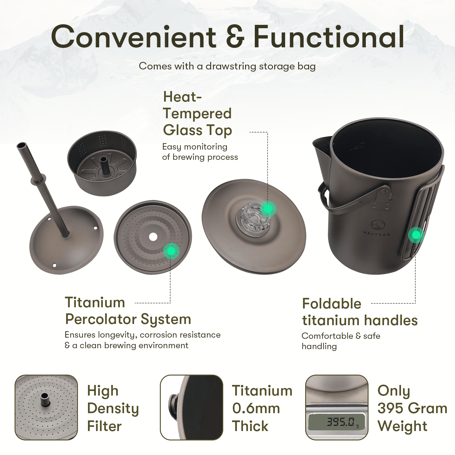 Titanium Coffee Percolator Taste Coffee, Not Metal · 1.5L · 6 Cups · 395g Ultralight - Heroes Rise Coffee Company